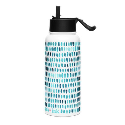 water bottle with hand painted shell design in purples and turquoise