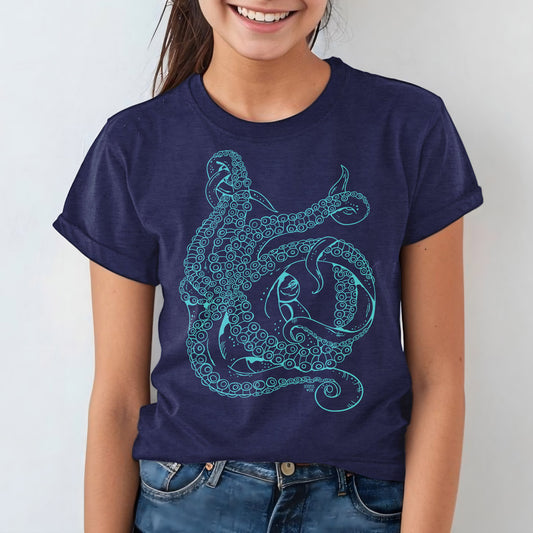 hand drawn octopus design on blue unisex youth tee