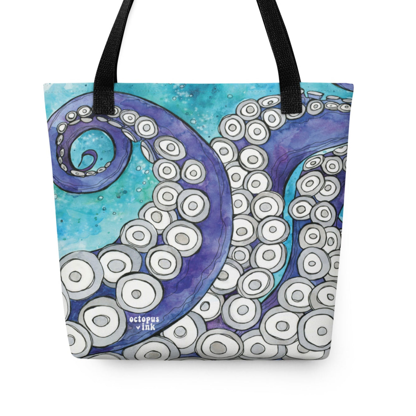 tote with hand painted watercolor octopus tentacle design