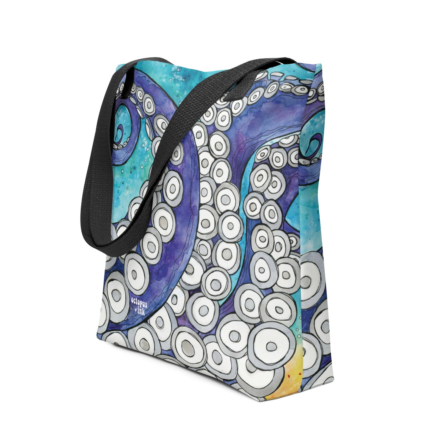 tote with hand painted watercolor octopus tentacle design