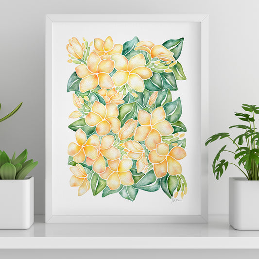 Framed artwork of yellow flowers and green leaves on a white wall with two potted plants below.