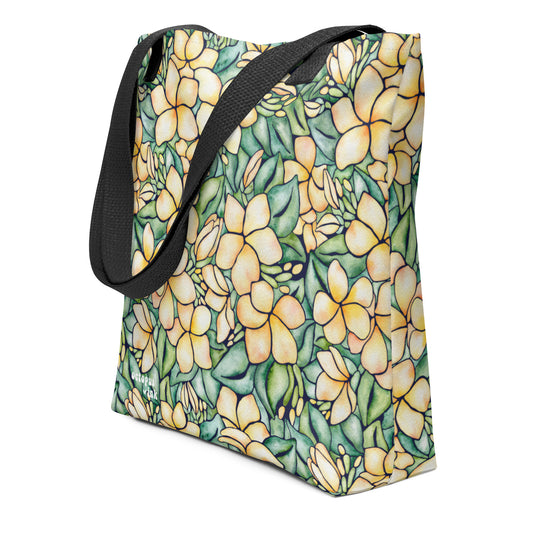 Floral patterned bag with a black strap on a white background