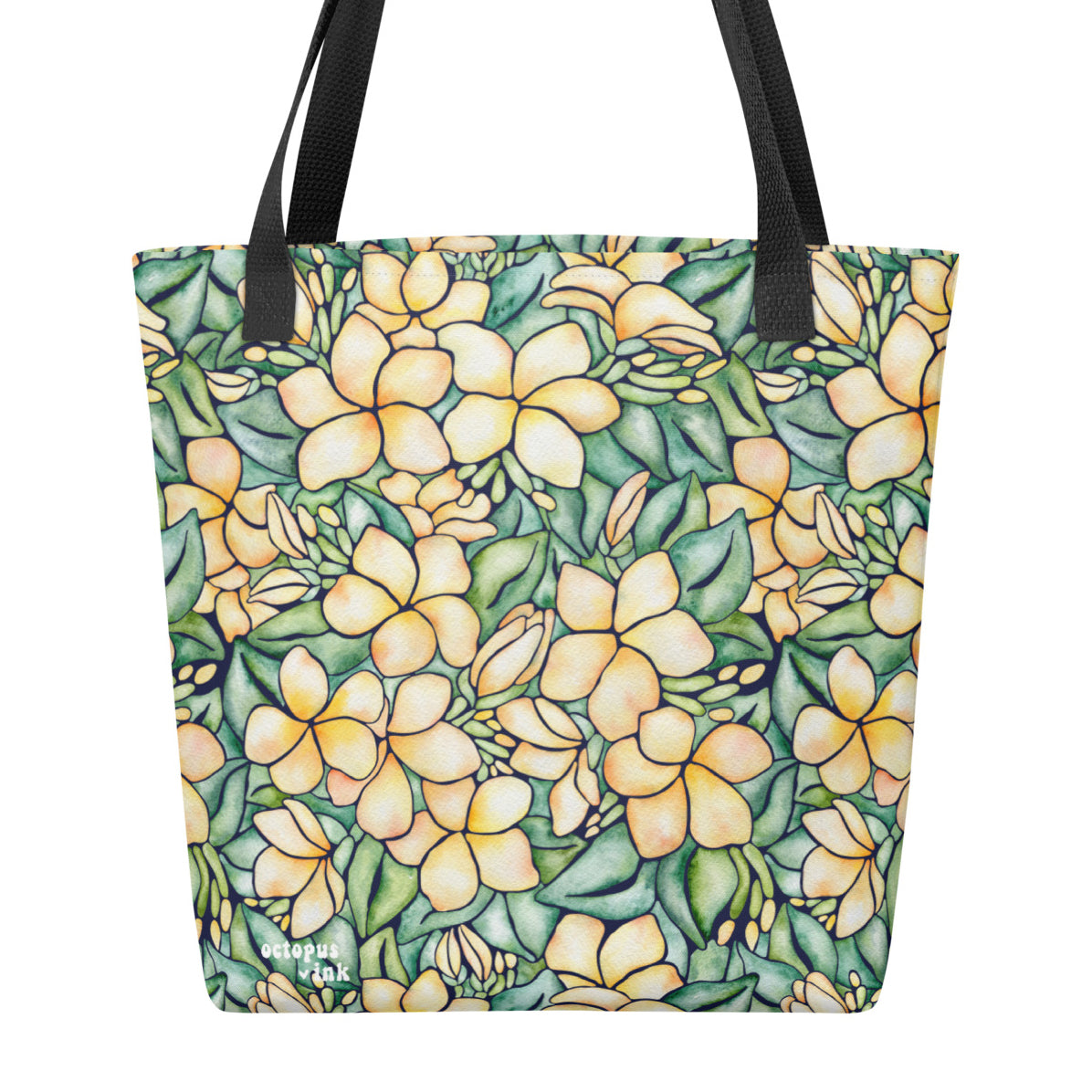 Tote bag with yellow floral pattern on a white background