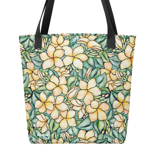 Tote bag with yellow floral pattern on a white background