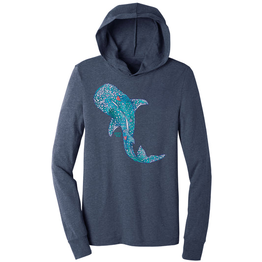 hand painted watercolor whale shark design on navy unisex hooded long sleeve