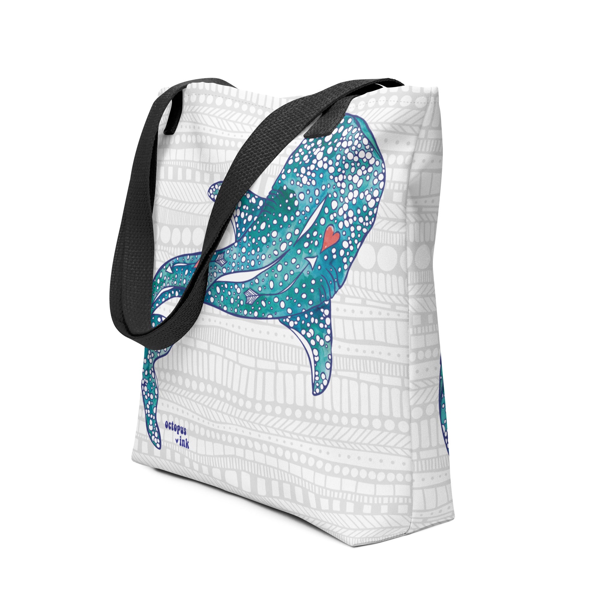 tote with hand painted watercolor whale shark design