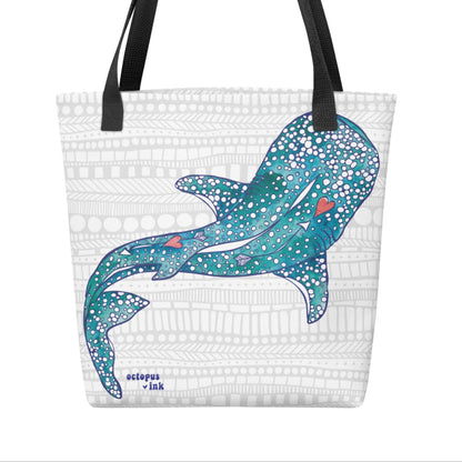 tote with hand painted watercolor whale shark design