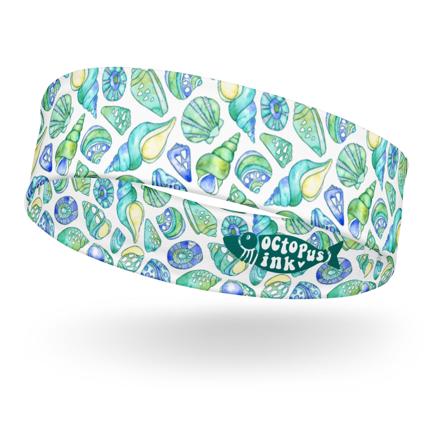 headband featuring a hand painted watercolor design of shells 