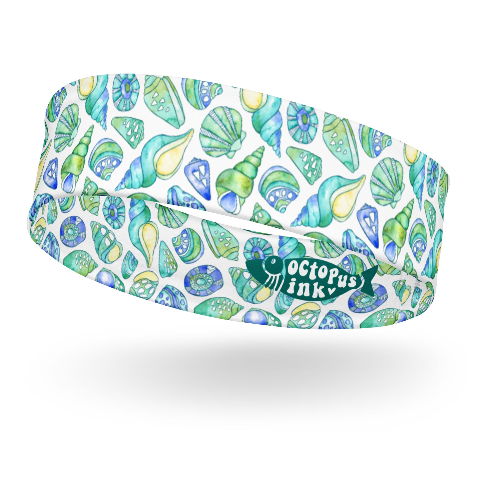 headband featuring a hand painted watercolor design of shells 