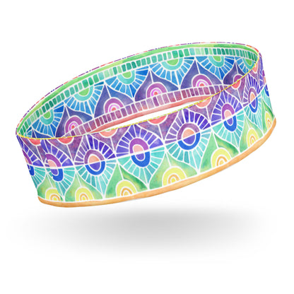 headband featuring a hand painted watercolor rainbow design 