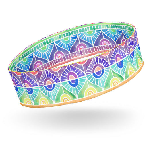 headband featuring a hand painted watercolor rainbow design 