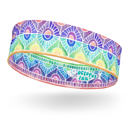 headband featuring a hand painted watercolor rainbow design 