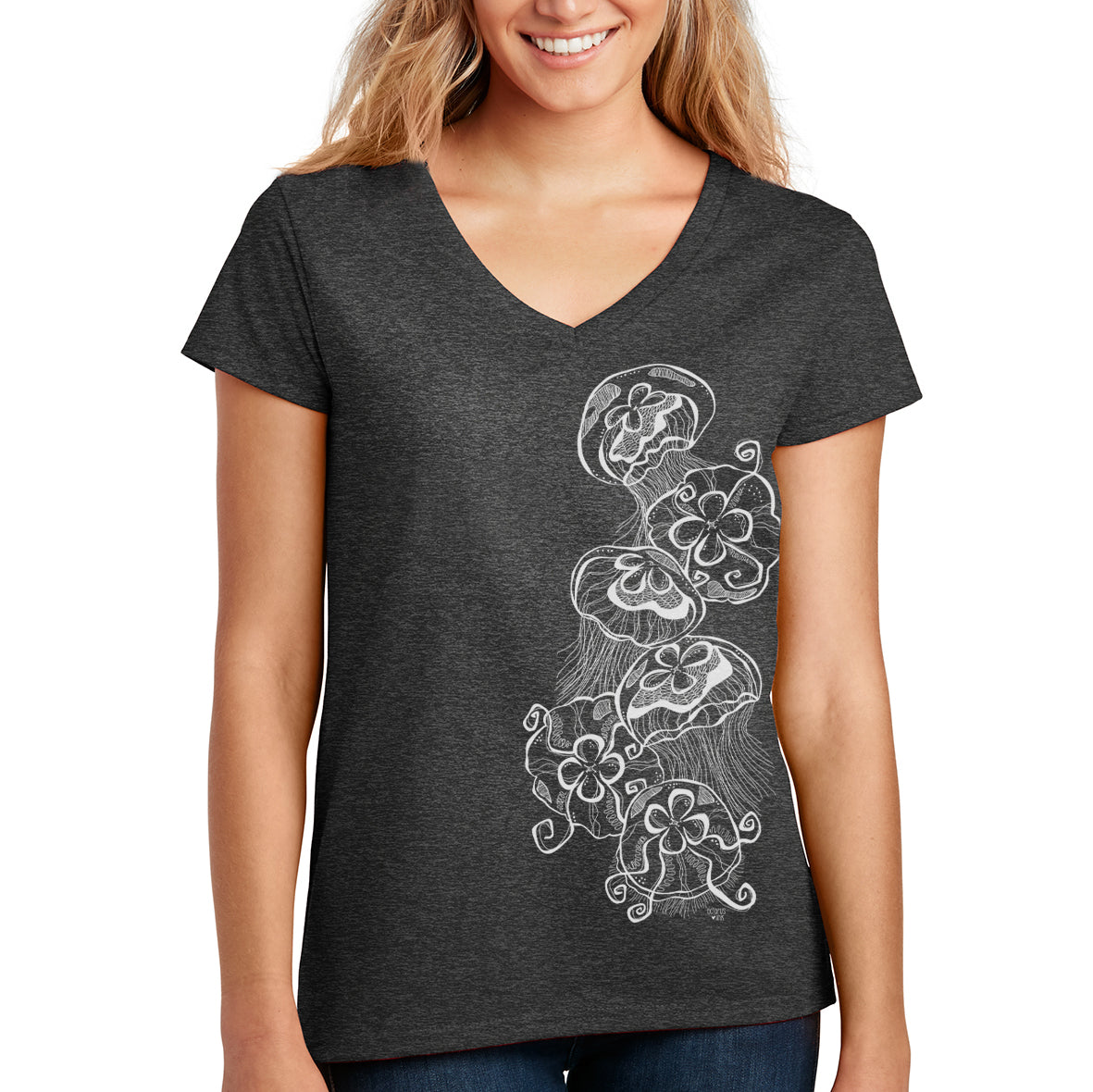 Moon Jellies (Charcoal)- Recycled V Neck Tee