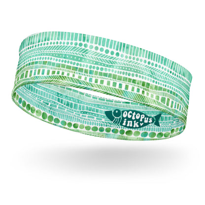 headband featuring a hand painted watercolor design in great and teal