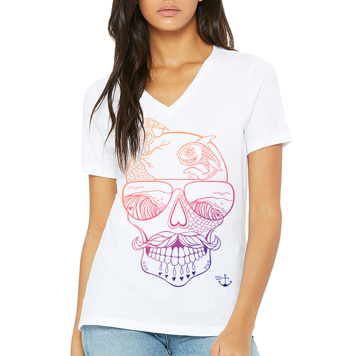 Sugar Skull (White)- Unisex V Neck Tee