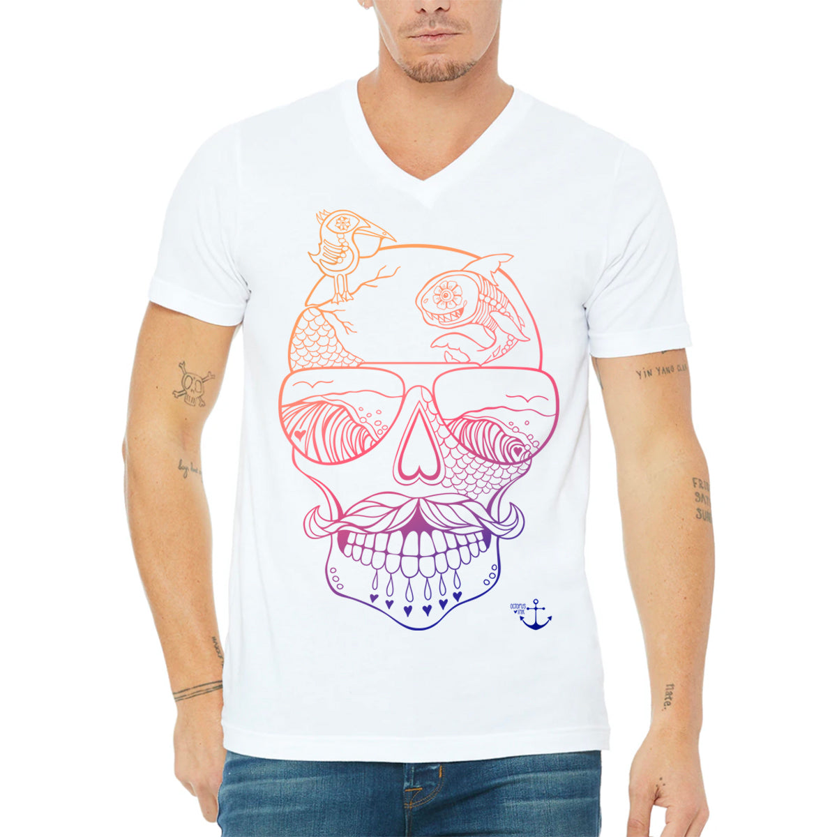 Sugar Skull (White)- Unisex V Neck Tee