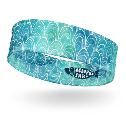 headband featuring a hand painted watercolor design of waves