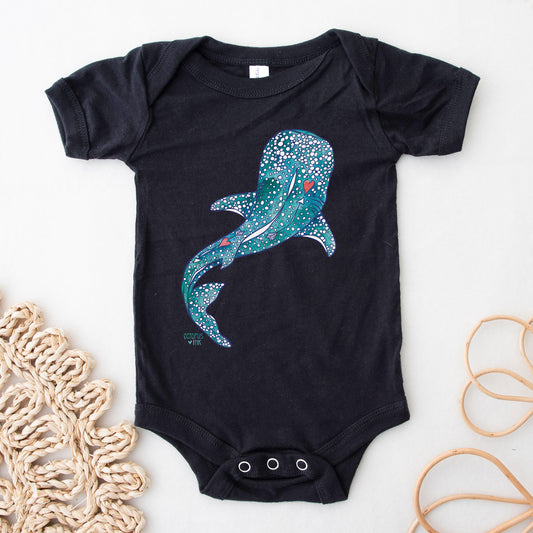 hand painted whale shark design on black baby bodysuit