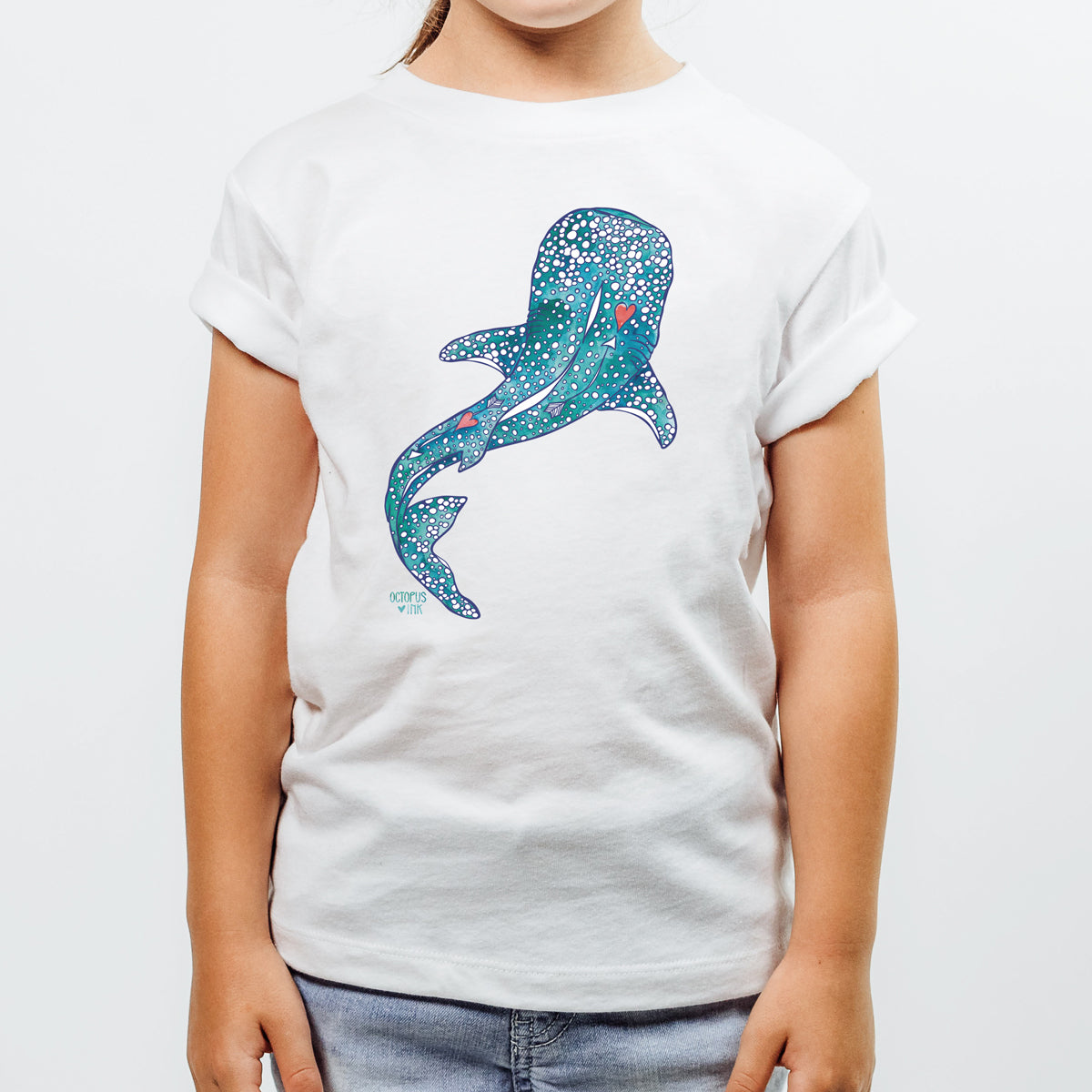 white toddler tee with hand painted whale shark design